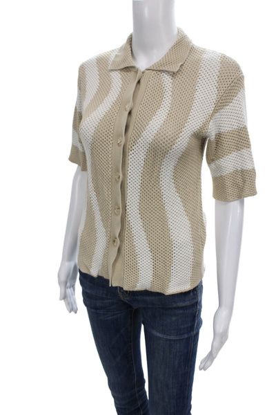 Seven Wonders Women Button-Up Striped Beige Collared Short Sleeve Top Size XS