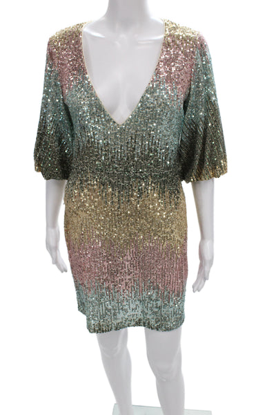 One 33 Social Women Sequin Striped V Neck Mini Dress Half Sleeve Knee Size 3