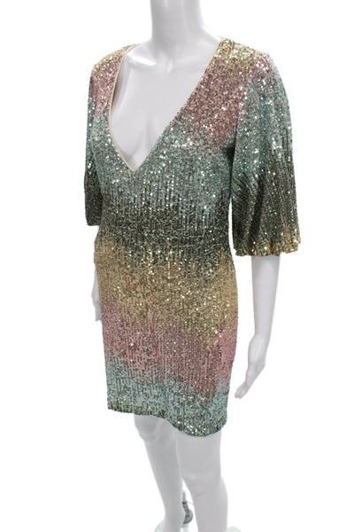 One 33 Social Women Sequin Striped V Neck Mini Dress Half Sleeve Knee Size 3
