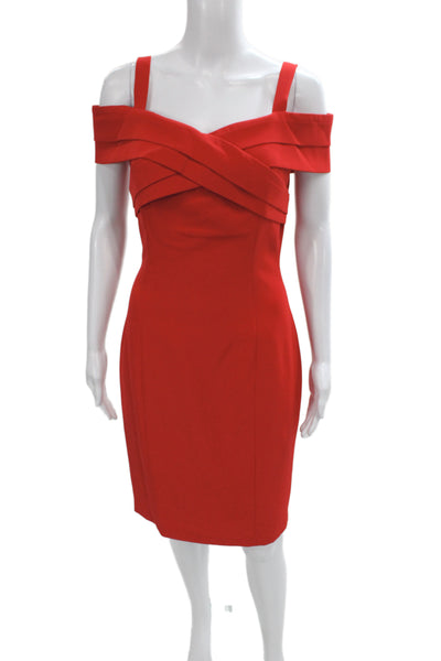 Belle Badgley Mischka Women Sheath Dress Red Off Shoulder Knee-Length Size 4