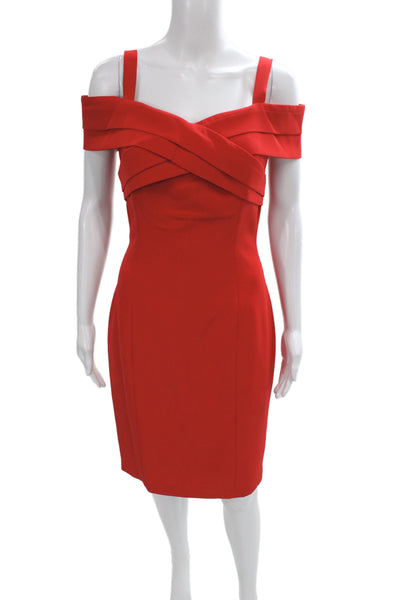 Belle Badgley Mischka Women Sheath Dress Red Off Shoulder Knee-Length Size 4