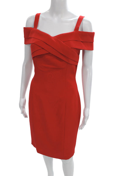 Belle Badgley Mischka Women Sheath Dress Red Off Shoulder Knee-Length Size 4