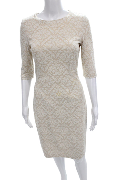 Belle Badgley Mischka Women Sheath Dress Beige Round Neck 3/4 Sleeve Size 4
