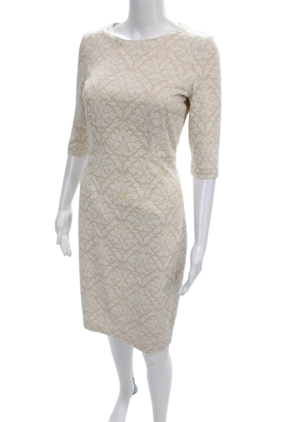Belle Badgley Mischka Women Sheath Dress Beige Round Neck 3/4 Sleeve Size 4