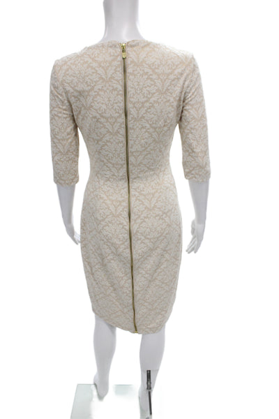 Belle Badgley Mischka Women Sheath Dress Beige Round Neck 3/4 Sleeve Size 4