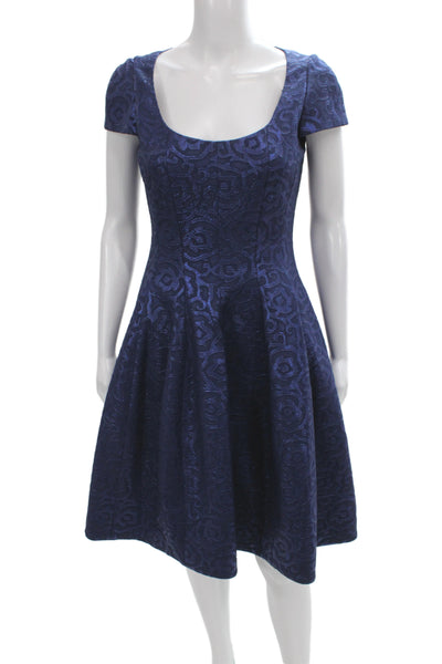Belle Badgley Mischka Womens Fit & Flare Blue Jacquard Scoop Dress Size 4