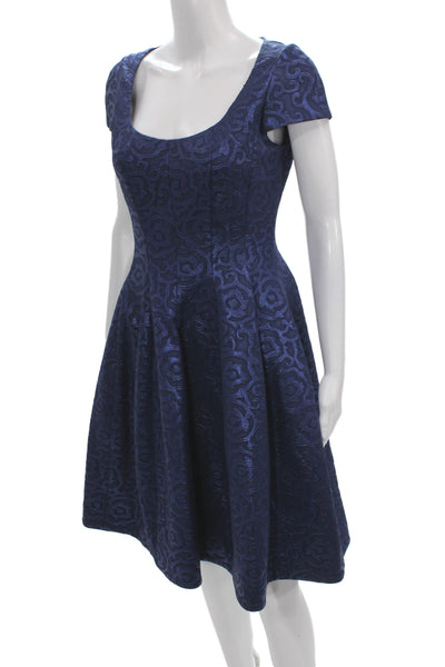 Belle Badgley Mischka Womens Fit & Flare Blue Jacquard Scoop Dress Size 4