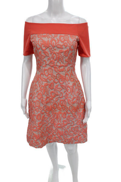 Belle Badgley Mischka Womens Orange Lace Off Shoulder Sheath Dress Size 4