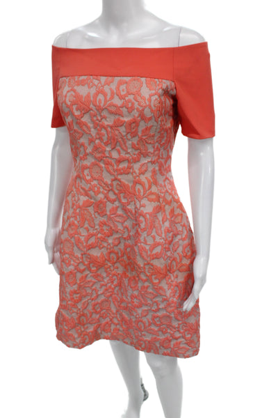 Belle Badgley Mischka Womens Orange Lace Off Shoulder Sheath Dress Size 4