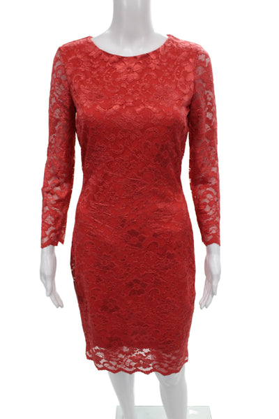 Belle Badgley Mischka Women Sheath Dress Red Long Sleeve Round Neck Zip Size 4