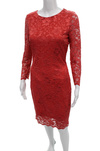 Belle Badgley Mischka Women Sheath Dress Red Long Sleeve Round Neck Zip Size 4