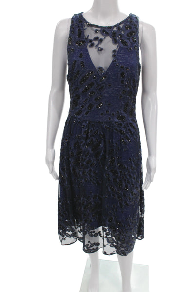 Belle Badgley Mischka Women Fit & Flare Blue Animal Print V-Neck Dress Size 4