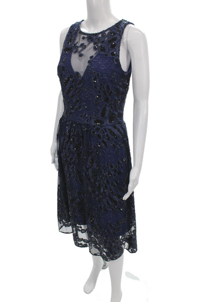 Belle Badgley Mischka Women Fit & Flare Blue Animal Print V-Neck Dress Size 4