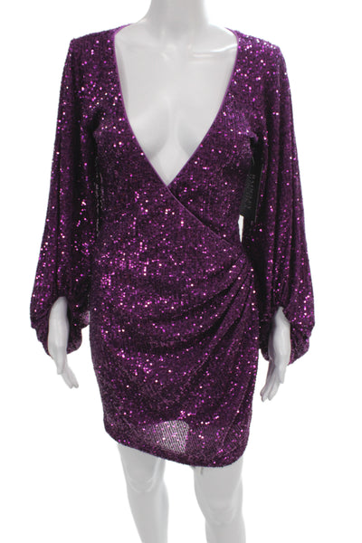 One 33 Social Women Sequin Purple V-Neck Long Sleeve Mini Dress Size 1