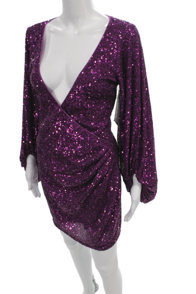 One 33 Social Women Sequin Purple V-Neck Long Sleeve Mini Dress Size 1
