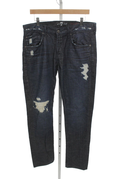 7 For All Mankind Mens Straight Jeans Blue Distressed Cotton Button Size 33