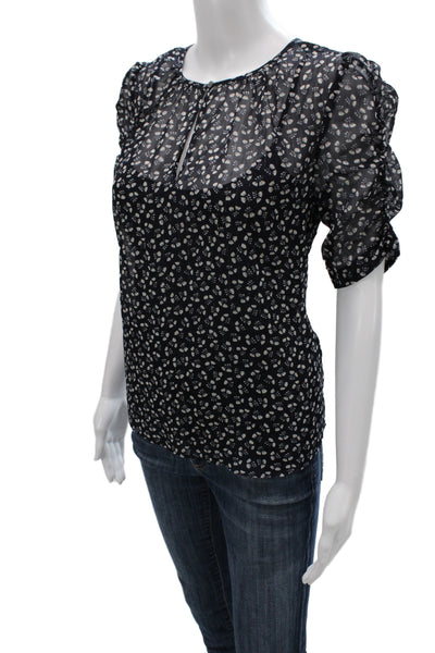 J Crew Women Black Floral Scoop Neck Short Sleeve Blouse Size S