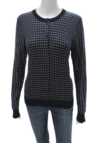 J Crew Women Cardigan Blue Polka Dot Cotton Long Sleeve Round Neck Size L