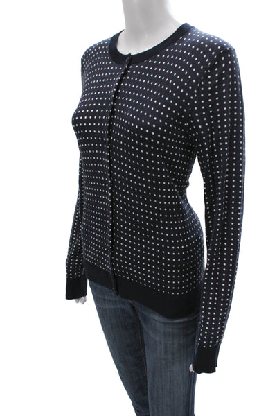 J Crew Women Cardigan Blue Polka Dot Cotton Long Sleeve Round Neck Size L