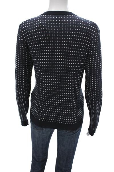 J Crew Women Cardigan Blue Polka Dot Cotton Long Sleeve Round Neck Size L