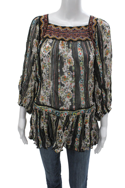 Free People Women Tunic Black Floral Square Neck 3/4 Sleeve Viscose Size XS
