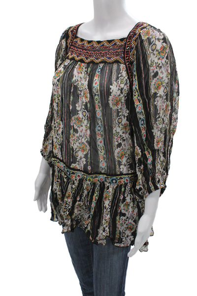 Free People Women Tunic Black Floral Square Neck 3/4 Sleeve Viscose Size XS