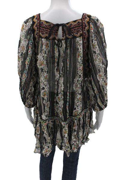 Free People Women Tunic Black Floral Square Neck 3/4 Sleeve Viscose Size XS