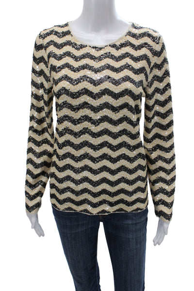 J Crew Women Basic Blouse Beige Cotton Round Neck Long Sleeve Sequin Size M