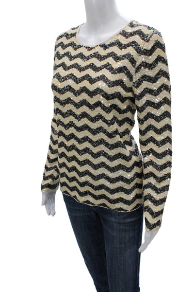 J Crew Women Basic Blouse Beige Cotton Round Neck Long Sleeve Sequin Size M