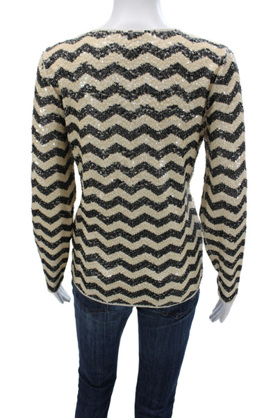 J Crew Women Basic Blouse Beige Cotton Round Neck Long Sleeve Sequin Size M