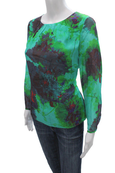 J Crew Women Tunic Floral Silk Round Neck Long Sleeve Green Size 6