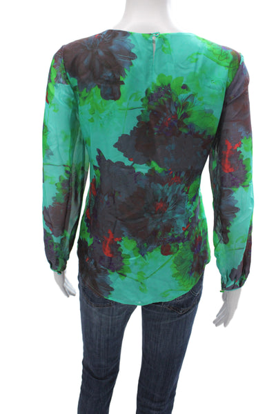 J Crew Women Tunic Floral Silk Round Neck Long Sleeve Green Size 6