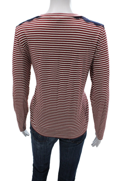 J Crew Womens Red Striped Jersey T Shirt Crew Neck Long Sleeve Size M
