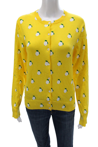 J Crew Women Yellow Lemon Floral Crew Neck Long Sleeve Cardigan Size XL