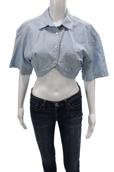 Zara Women Cropped Button Up Collared Short Sleeve Blue Cotton Top Size XS