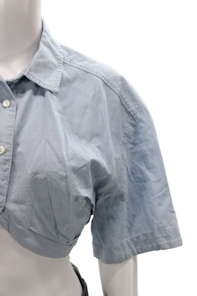 Zara Women Cropped Button Up Collared Short Sleeve Blue Cotton Top Size XS