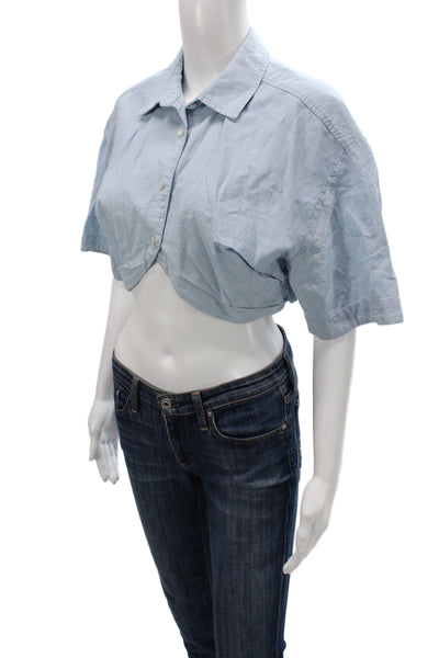Zara Women Cropped Button Up Collared Short Sleeve Blue Cotton Top Size XS