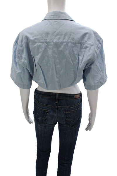 Zara Women Cropped Button Up Collared Short Sleeve Blue Cotton Top Size XS