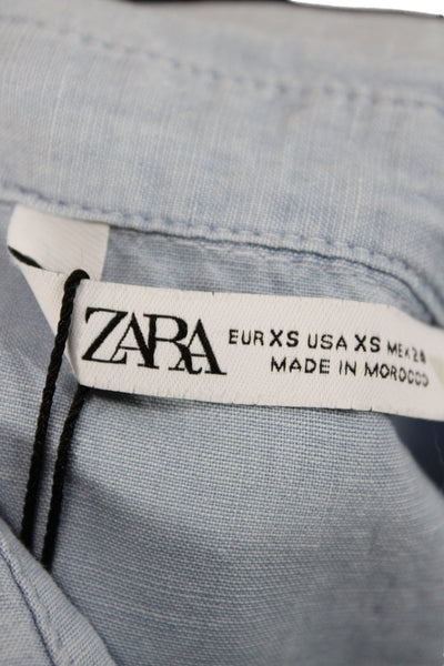 Zara Women Cropped Button Up Collared Short Sleeve Blue Cotton Top Size XS