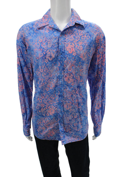 Three Islands Mens Button Front Collared Floral Shirt Blue Pink Size Large