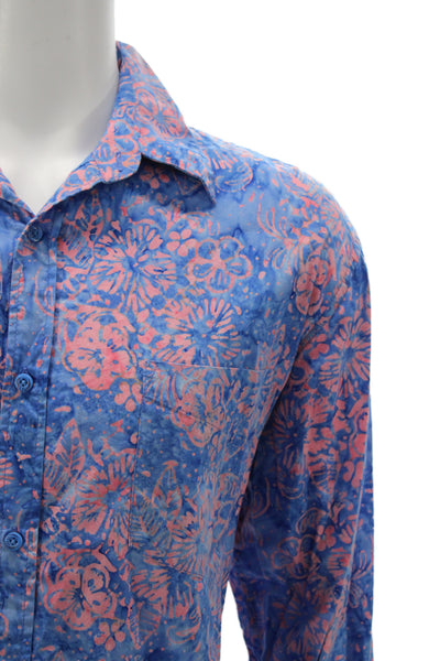 Three Islands Mens Button Front Collared Floral Shirt Blue Pink Size Large