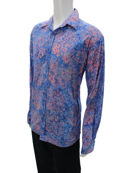 Three Islands Mens Button Front Collared Floral Shirt Blue Pink Size Large