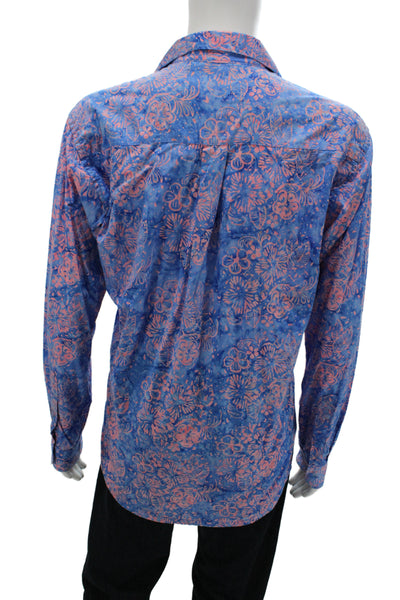 Three Islands Mens Button Front Collared Floral Shirt Blue Pink Size Large