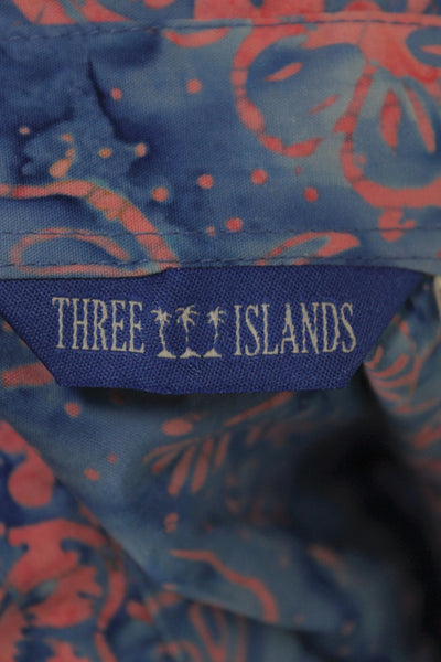 Three Islands Mens Button Front Collared Floral Shirt Blue Pink Size Large
