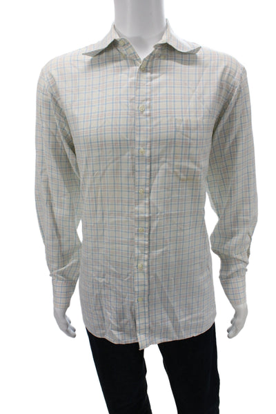 Thomas Pink Mens Blue Plaid Cotton Dress Shirt 34/35 Size 16