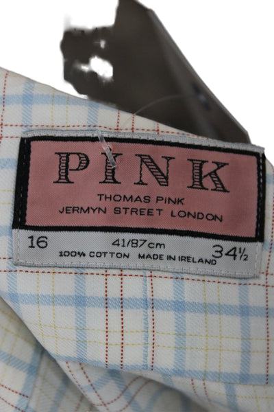 Thomas Pink Mens Blue Plaid Cotton Dress Shirt 34/35 Size 16