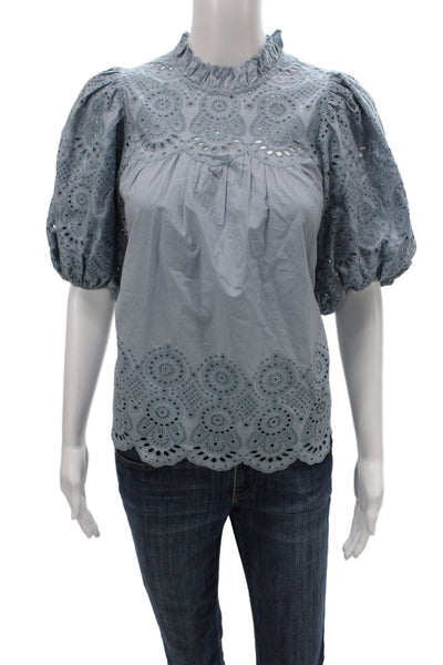 Ulla Johnson Womens Cotton Tunic Blouse Blue Short Sleeve Size 2