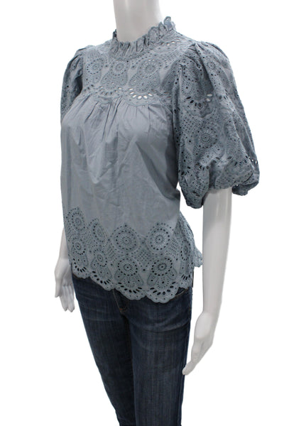 Ulla Johnson Womens Cotton Tunic Blouse Blue Short Sleeve Size 2