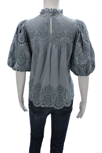 Ulla Johnson Womens Cotton Tunic Blouse Blue Short Sleeve Size 2
