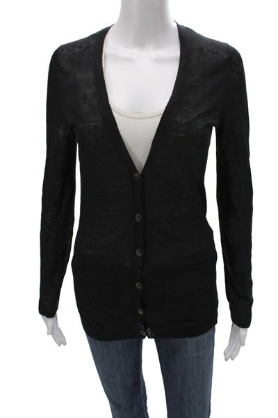 Theory Women Black Linen V-Neck Cardigan Long Sleeve Petite Size XS